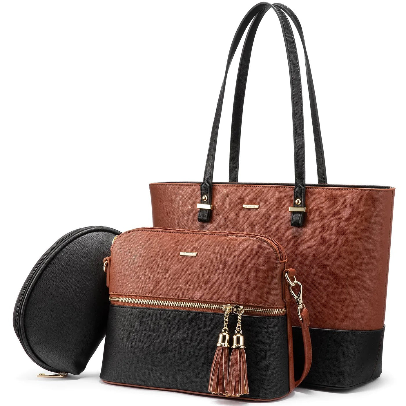 Mattizé Two Tone Tote Bag Set, Large Shoulder Handbag & Tassel Decor Crossbody Bag & makeuo Bag